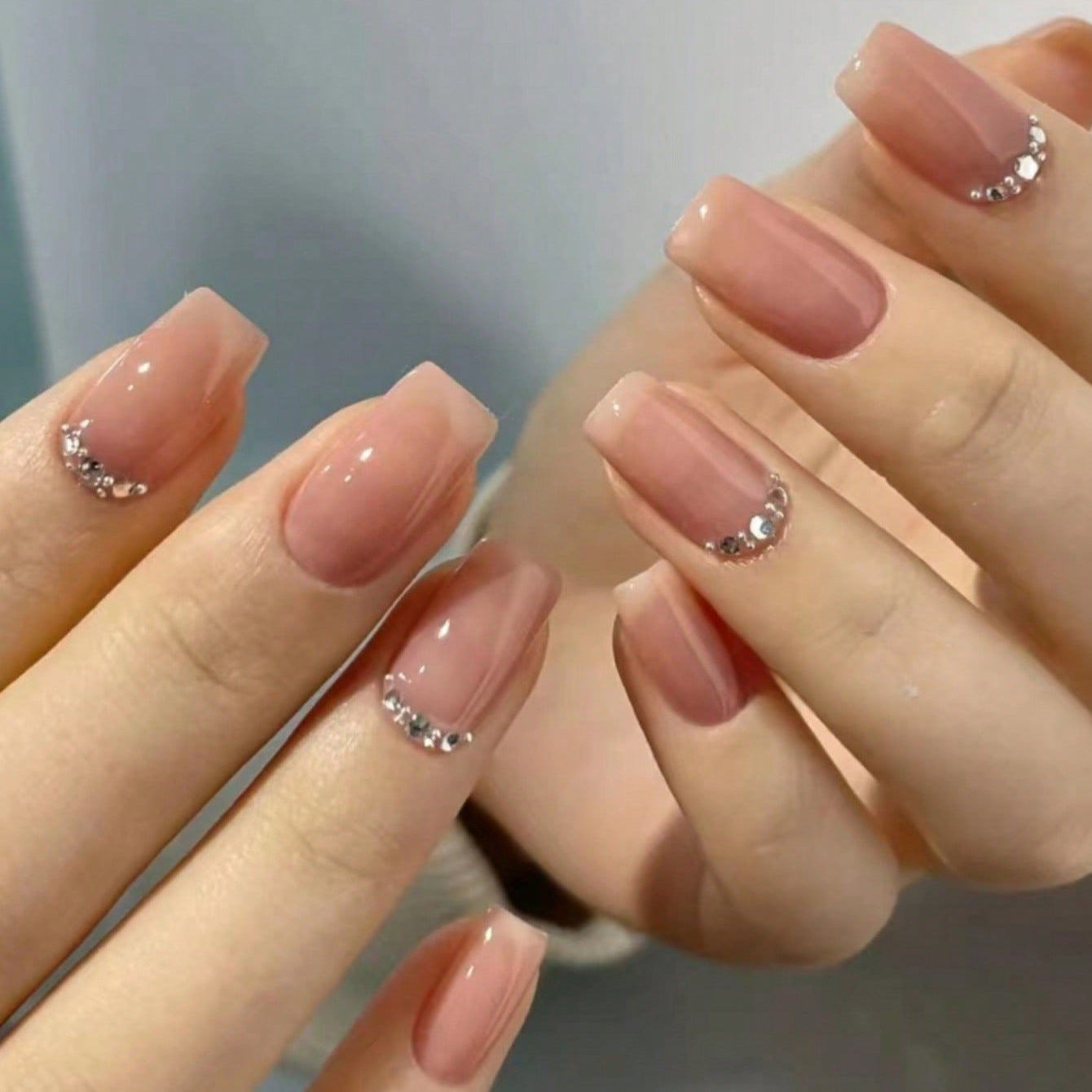 Elegant Bridal Collection Short Square Beige Press On Nail Set with Rhinestone Accents