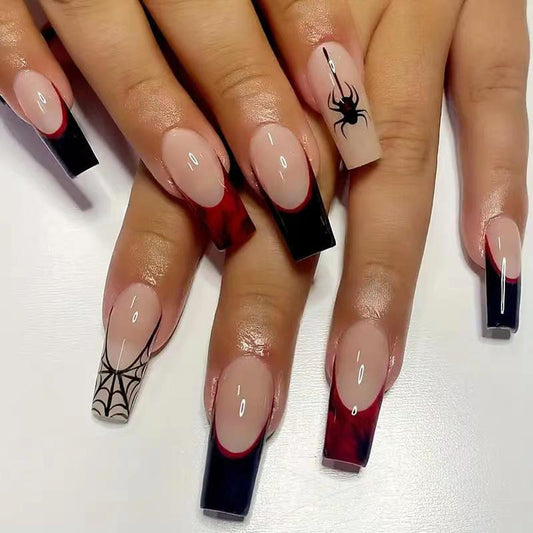 Halloween Glam Long Square Gradient Black to Red Press On Nail Set with Spider Accent Design