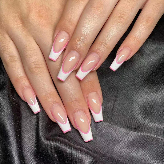 Elegant Affair Long Coffin Pink and White French Tip Press On Nail Set with Glossy Finish