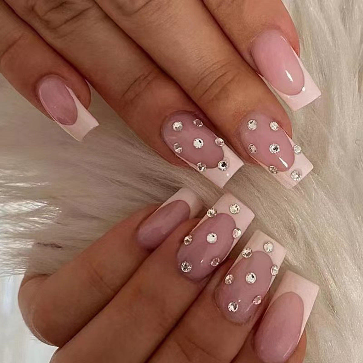 Enchanted Elegance Medium Square Pink Press On Nail Set with Rhinestone Accents