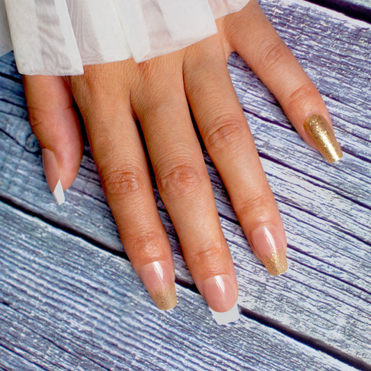 Elegant Bridal Long Coffin French Manicure Press On Nails Set with Glitter Accents in Beige and White