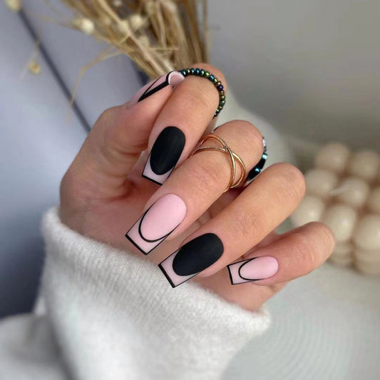 Elegant Soiree Long Coffin Matte Black and Pink Press On Nail Set with Geometric Accents