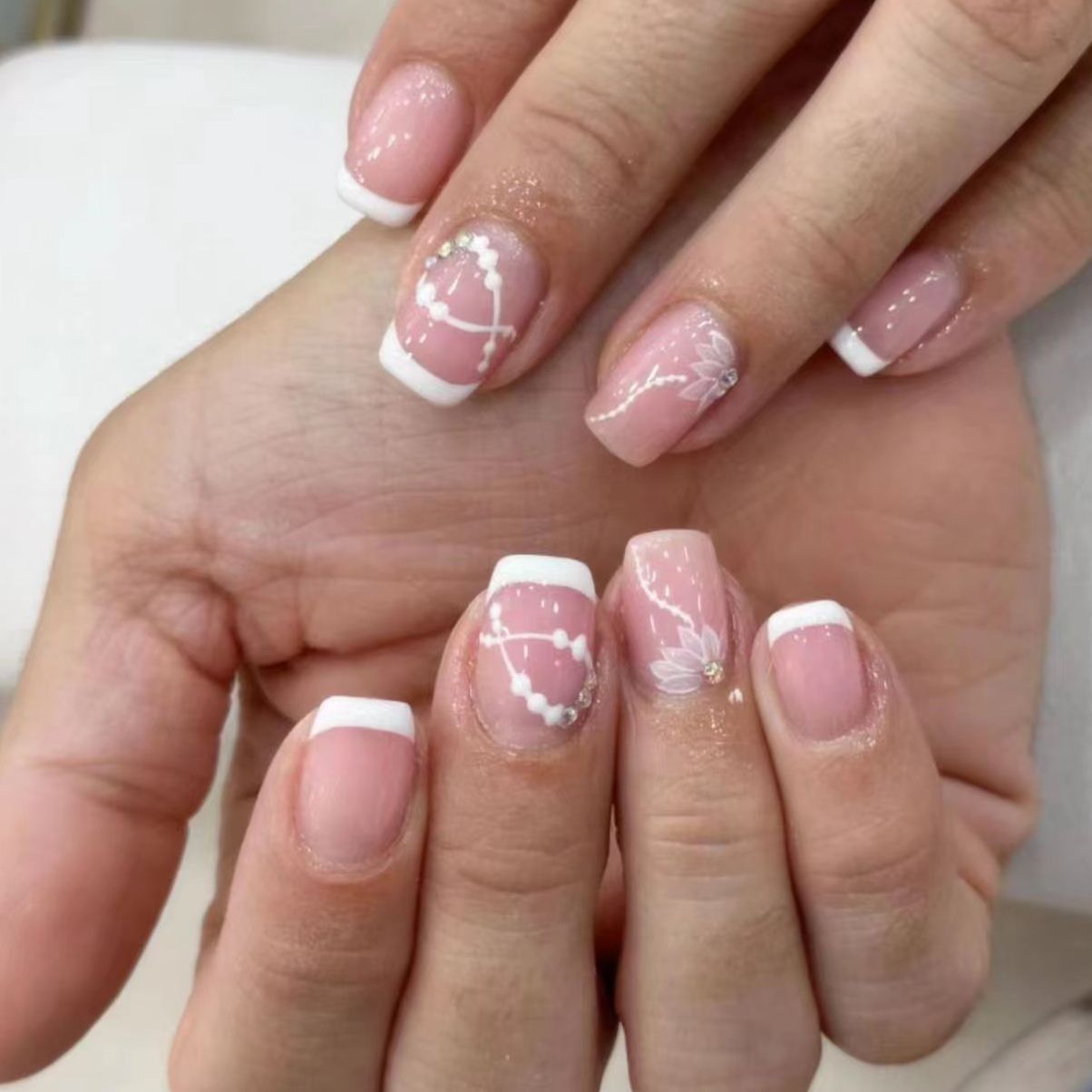 Elegant Bridal Bliss Medium Square French Tip Pink Press On Nails with Floral Embellishments