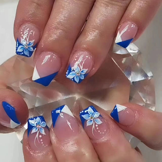 Enchanted Blossom Collection Medium Coffin Blue and Clear Press On Nails with Delicate Floral Accent