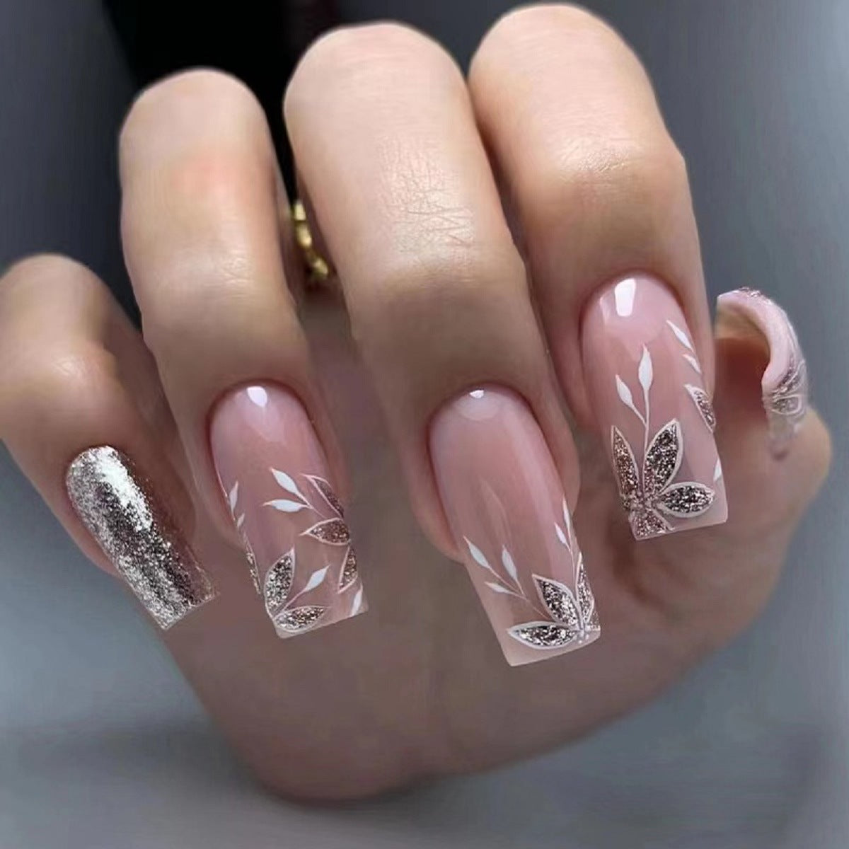 Elegant Bridal Medium Square Blush Pink Press On Nails with Glitter Accents and Floral Design