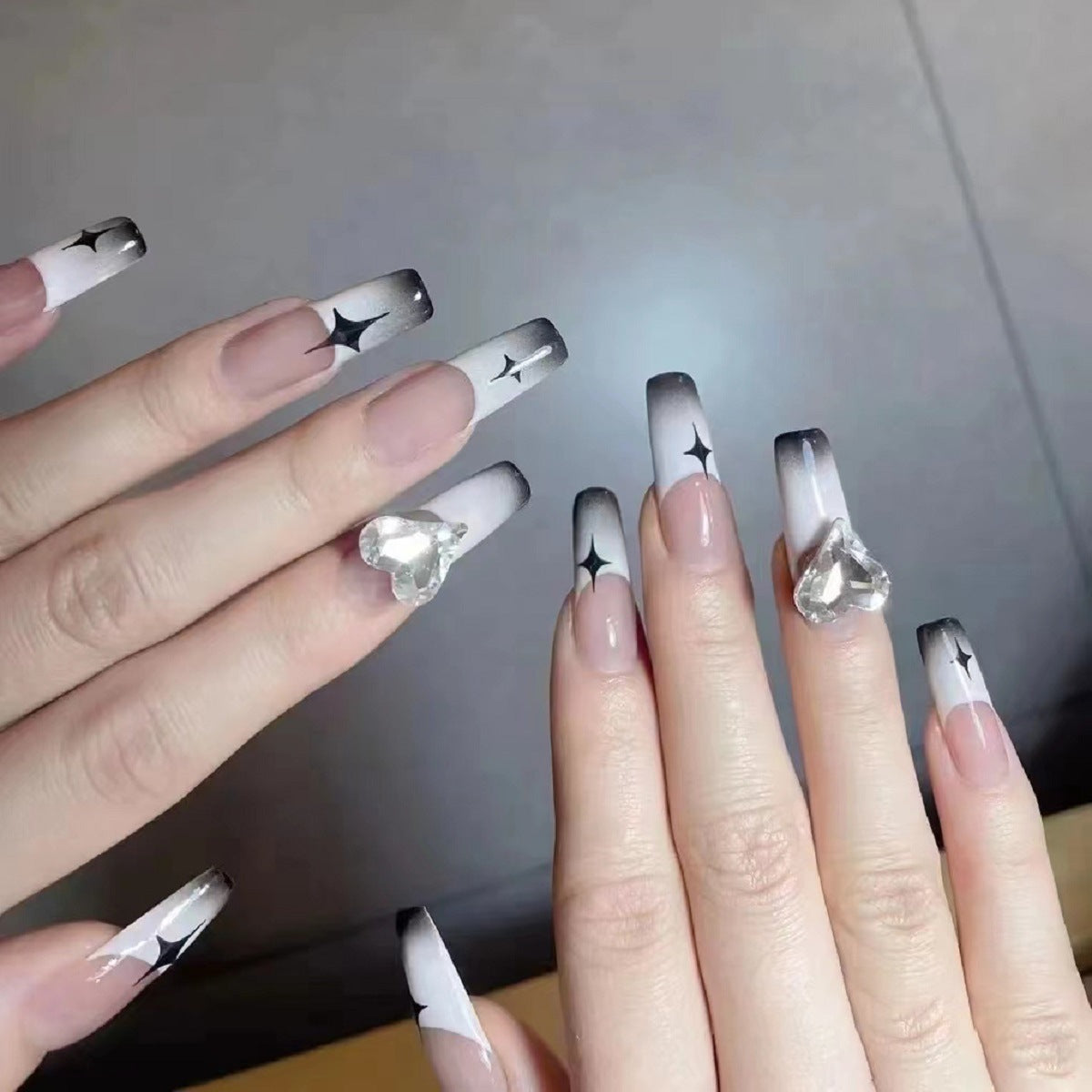 Starry Night Collection Long Coffin Grey Ombre Press on Nails with Silver Star Accents