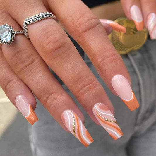 Glamour Wave Long Coffin Peach Gradient Press On Nails with Gold Accent Swirls