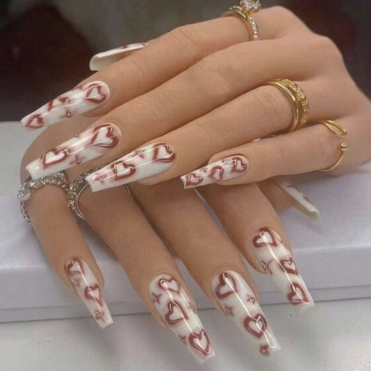 Elegant Affair Extra-Long Coffin Beige Press-On Nails with Love Heart Design and Marble Accent