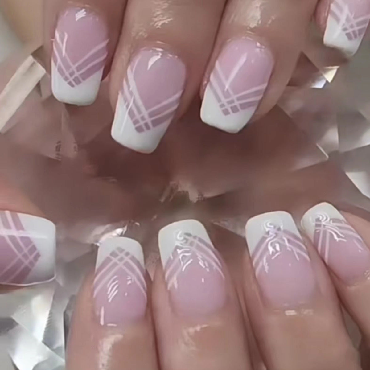 Spring Elegance Medium Square Pale Pink Press On Nails with Geometric Accent Art Set