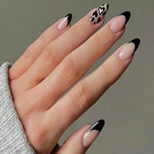 Elegant Safari Almond-Shaped Medium Press On Nails in Pink and Black with Leopard Heart Accent Design