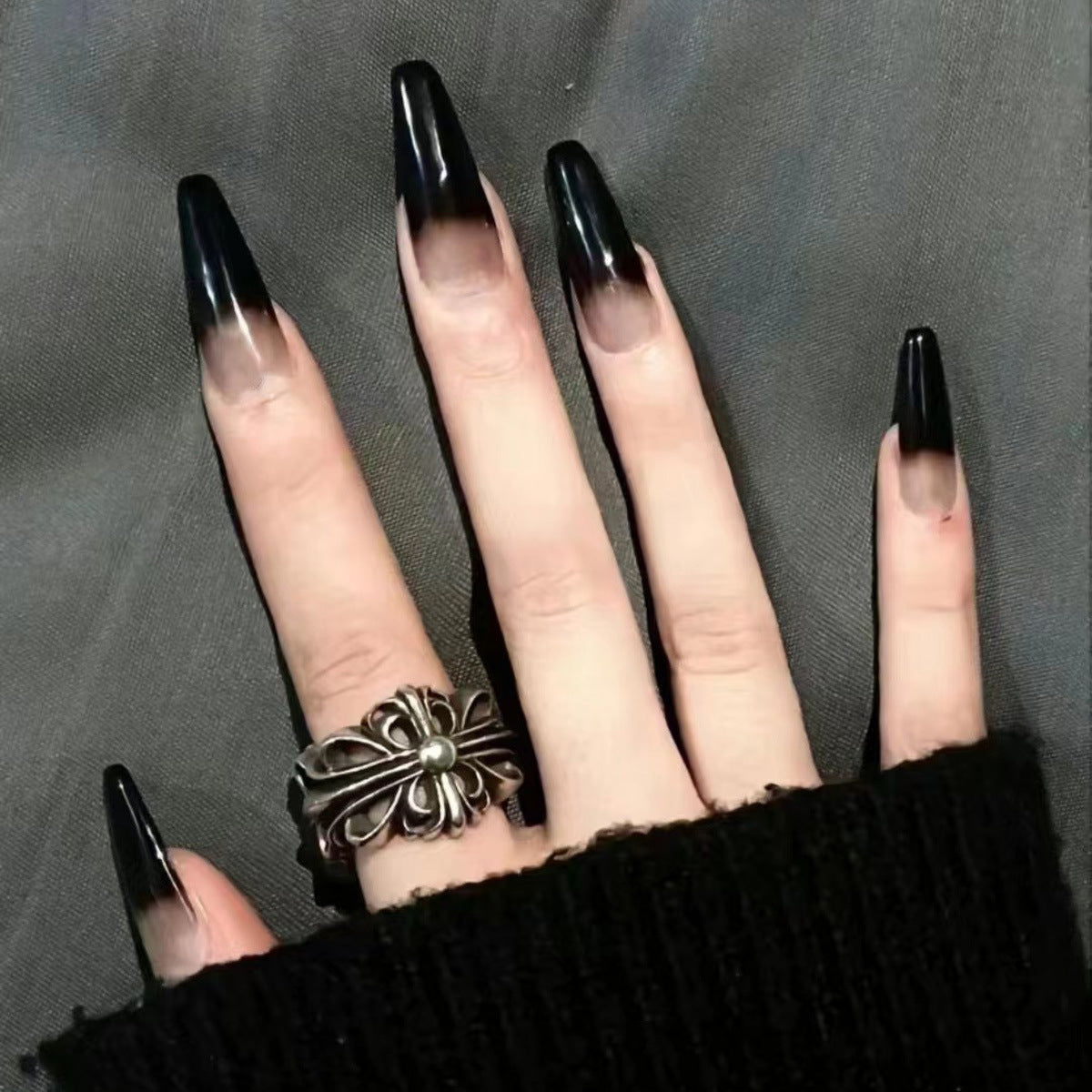 Midnight Glamour Extra Long Coffin Black Ombre Press On Nail Set with Glossy Finish