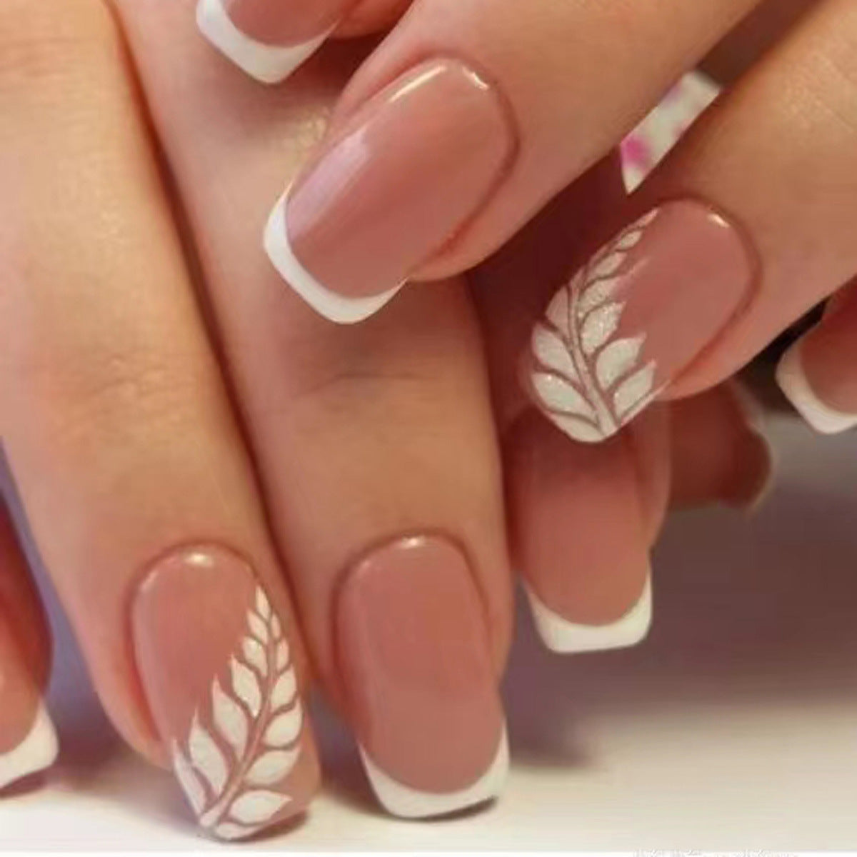 Elegant Botanical Medium Square Beige and White Press On Nail Set with Leaf Design Accents