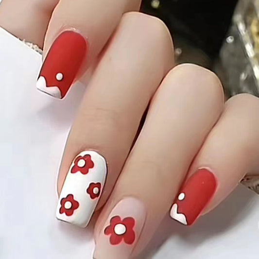 Floral Finesse Medium Length Square Red and White Press On Nail Set with Flower Accents