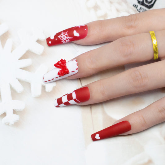 Winter Wonderland Long Coffin Shaped Press On Nail Set, Red and White Color with Festive Bow Design