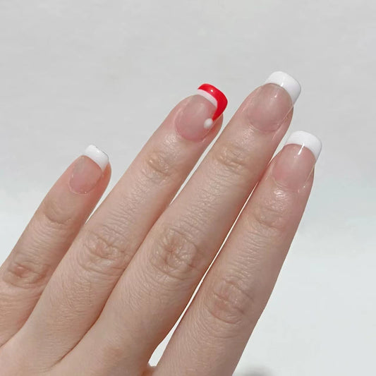 Summer Chic Medium Squoval White and Red French Tip Press On Nails with Accent Band