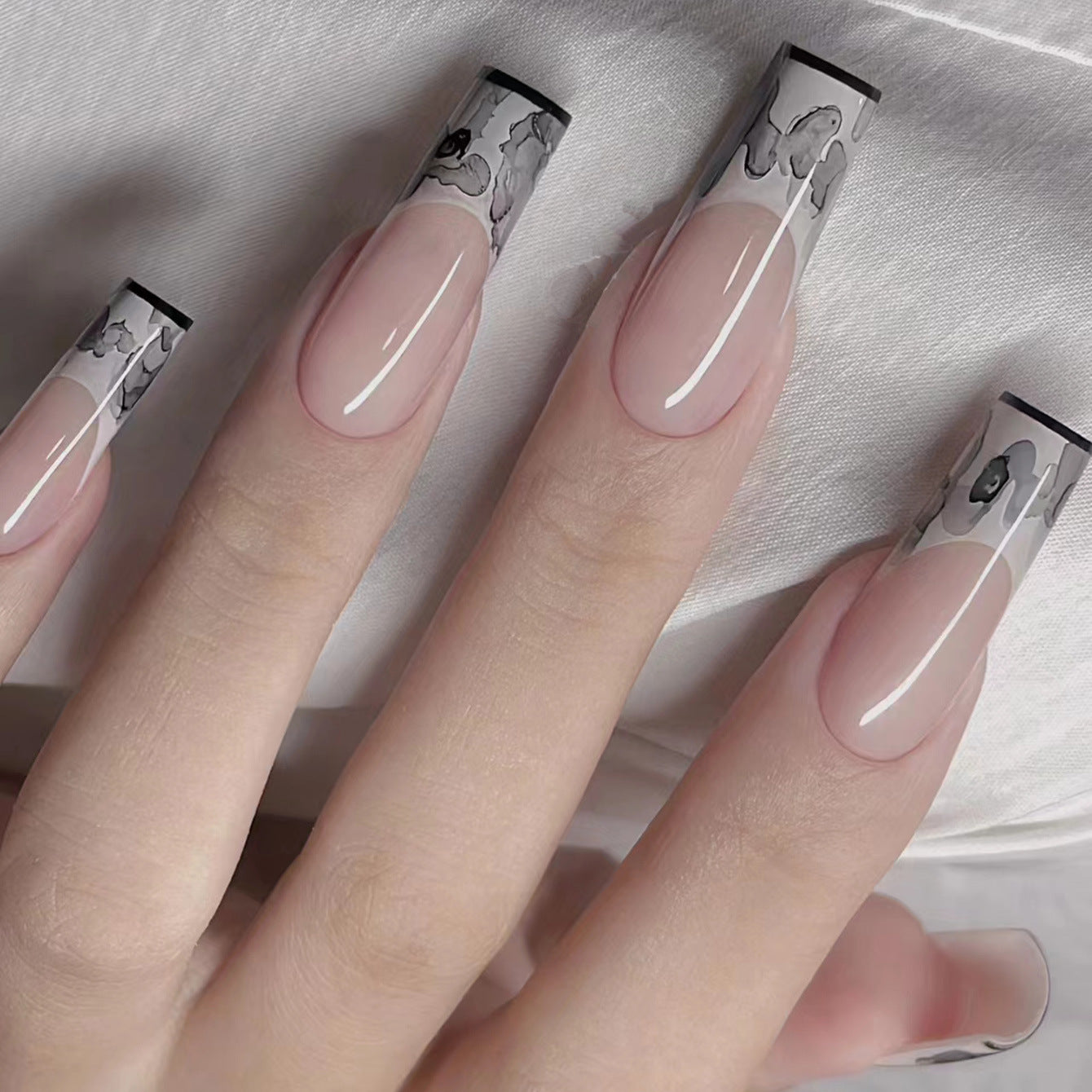 Enchanted Elegance Extra-Long Square Beige Press On Nails with Intricate Floral Art Detail