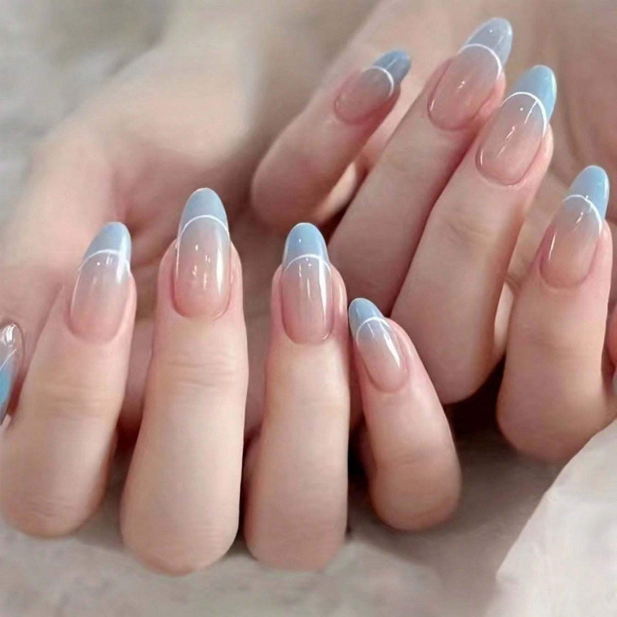 Elegant Sky Blue Ombre Medium Almond Press On Nail Set with Dual-Tone Design