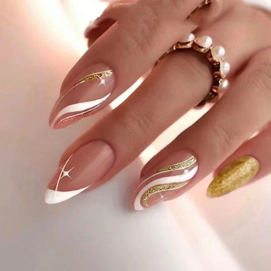 Elegant Affair Long Almond Beige Press On Nail Set with Gold Glitter Accents