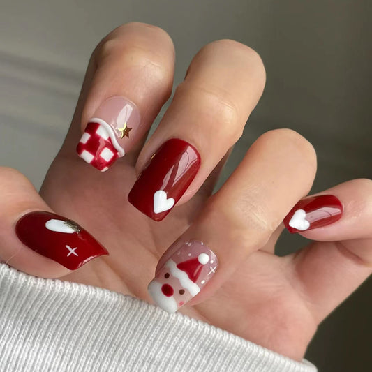 Holiday Cheer Medium Square Red Press On Nails with Festive Santa and Heart Accents