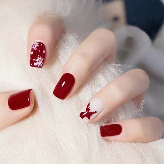 Winter Wonderland Medium-Length Square Burgundy Press On Nails with Snowflake and Reindeer Accents