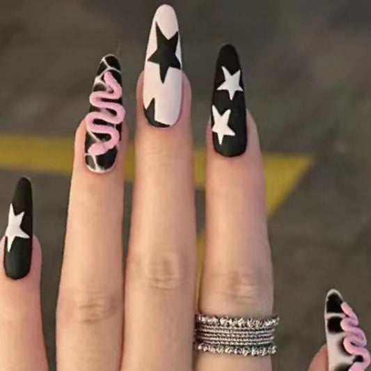 Cosmic Elegance Extra Long Almond Black and Pink Press On Nails with Star Accents