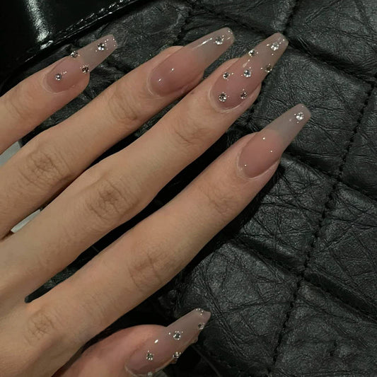 Elegant Sparkle Long Coffin Beige Press On Nail Set with Rhinestone Accents