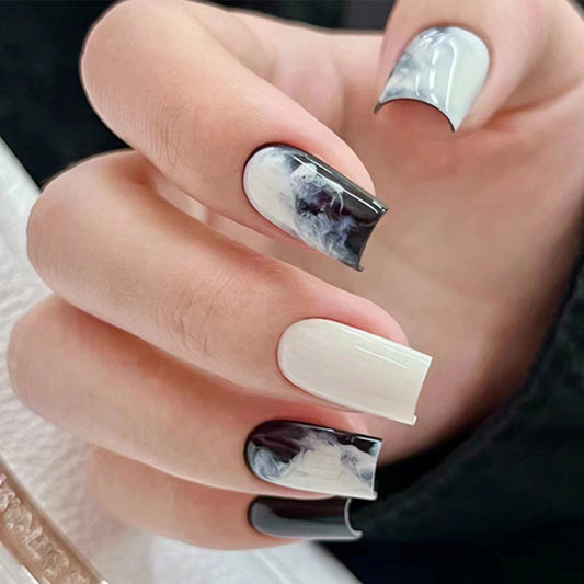 Mystic Marble Elegance Medium Square Shape Press On Nails Set with Black and White Swirl Accents