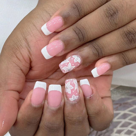 Springtime Elegance Medium Square Pink Floral Pattern Press On Nail Set