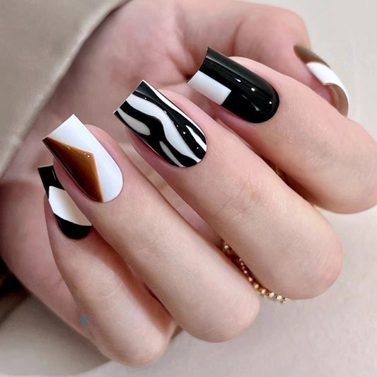 Sophisticated Swirls Medium Square Black and White Marble Press On Nail Set