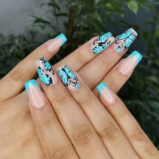 Tropical Butterfly Oasis Medium Coffin Sky Blue Nail Art Set with Rhinestone Accents