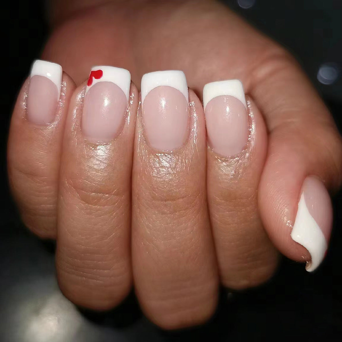 Enchanted Love Short Square French Tip White Press On Nail Set with Red Heart Accent