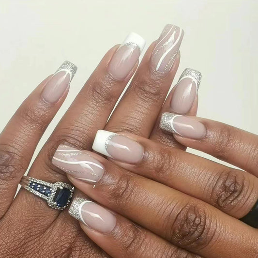 Elegant Bridal Collection Long Square Beige and White Press On Nails with Glitter Accents