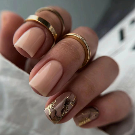 Elegant Marble Elegance Medium Square Beige Press On Nails with Gold Foil Accent