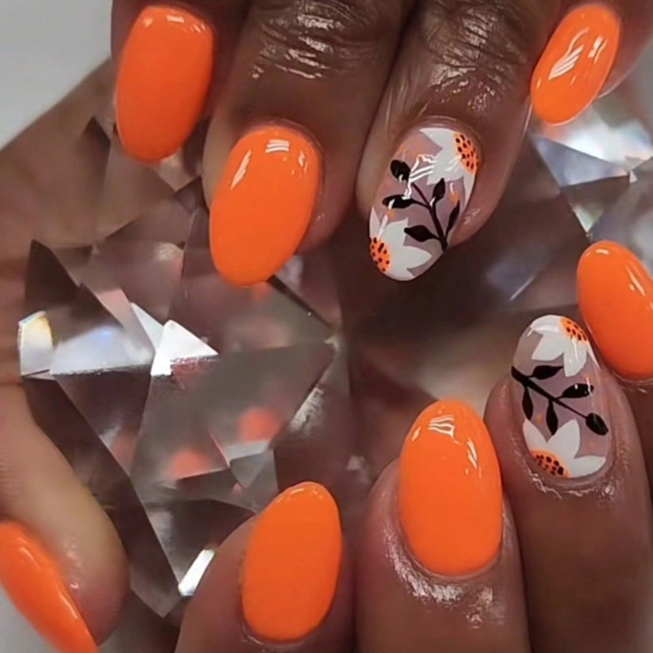 Tropical Sunset Short Oval Orange Press On Nail Set with Floral Accents