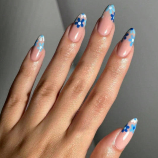 Floral Elegance Long Almond Beige Press on Nails with Blue Flower Accents