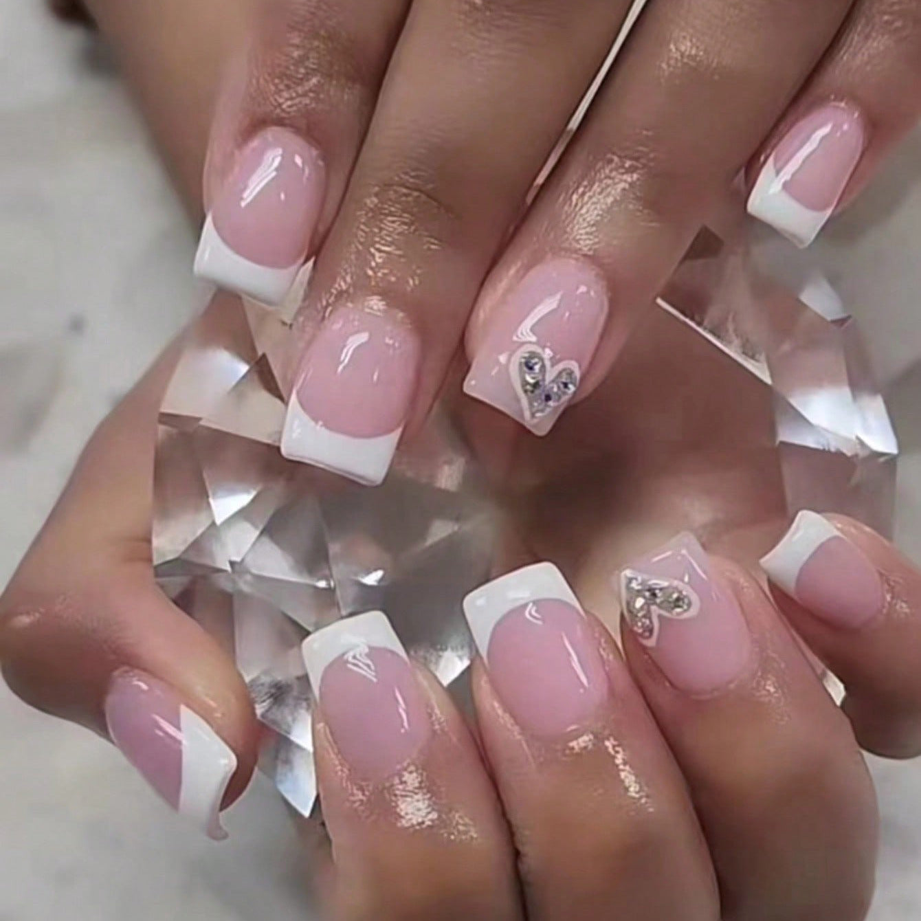 Elegant Bridal Short Square French Tip Pink & White Press On Nail Set with Rhinestone Accents