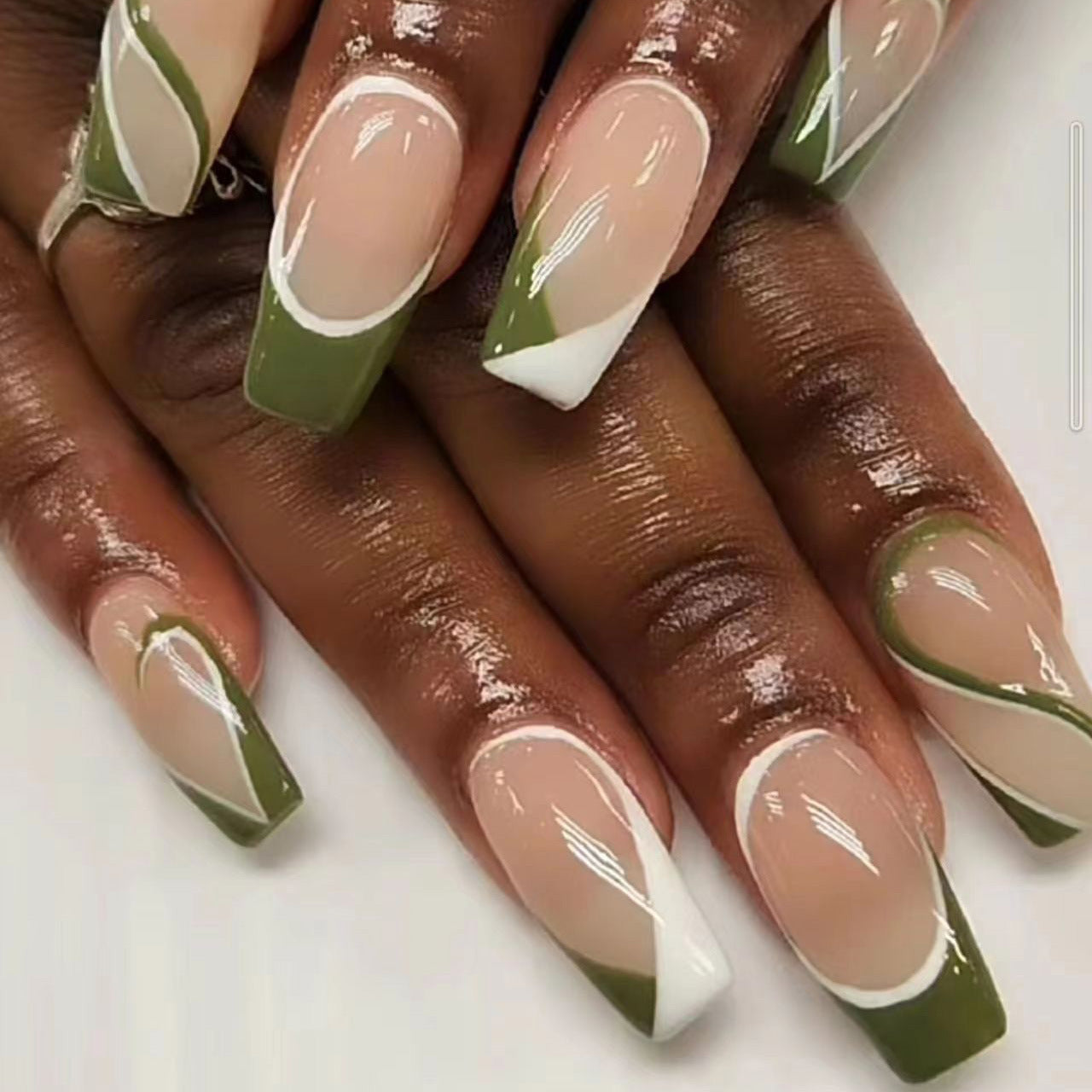 Safari Chic Medium Coffin Olive Green and Beige Color Block Press On Nail Set with French Tip Design