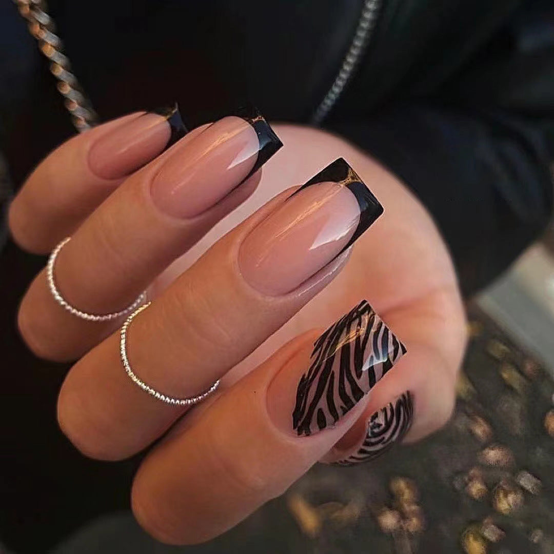 Safari Chic Medium Square Beige and Black Press On Nails Set with Zebra Accent Design