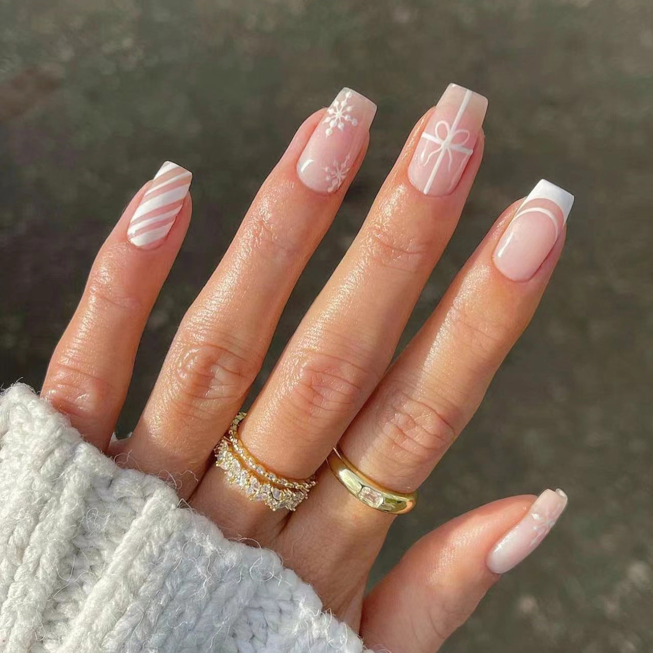 Winter Elegance Medium Square Pale Pink Press On Nails with Snowflake Accents and French Tips