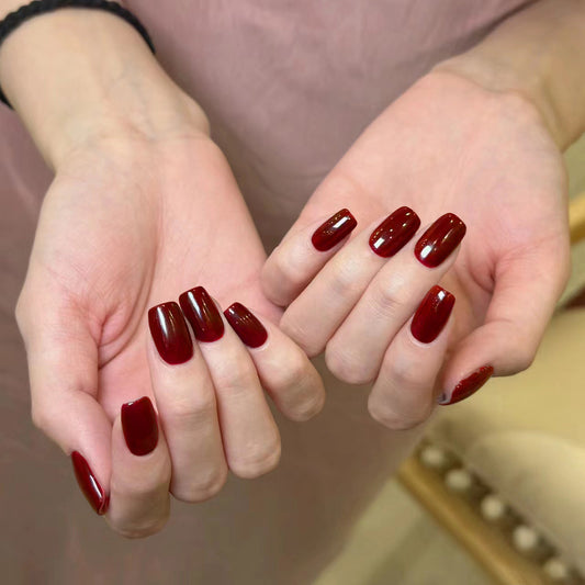 Elegant Evening Burgundy Medium Square Glossy Press On Nail Set for Chic Style