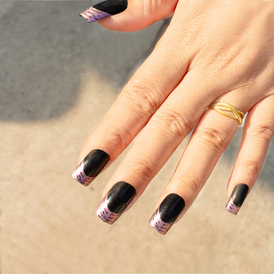 Gothic Elegance Medium Square Black Press On Nails with Purple Marble Accent and Durable Adhesion