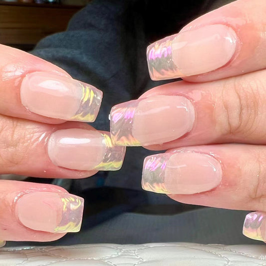 Mermaid Aura Medium Square Pink Press On Nails with Iridescent Tips