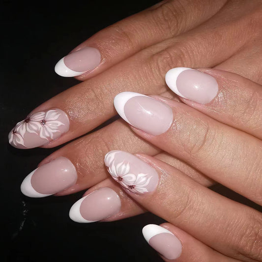 Elegant Floral Fantasy Medium Almond Pink and White Press On Nail Set with 3D Flower Art Design