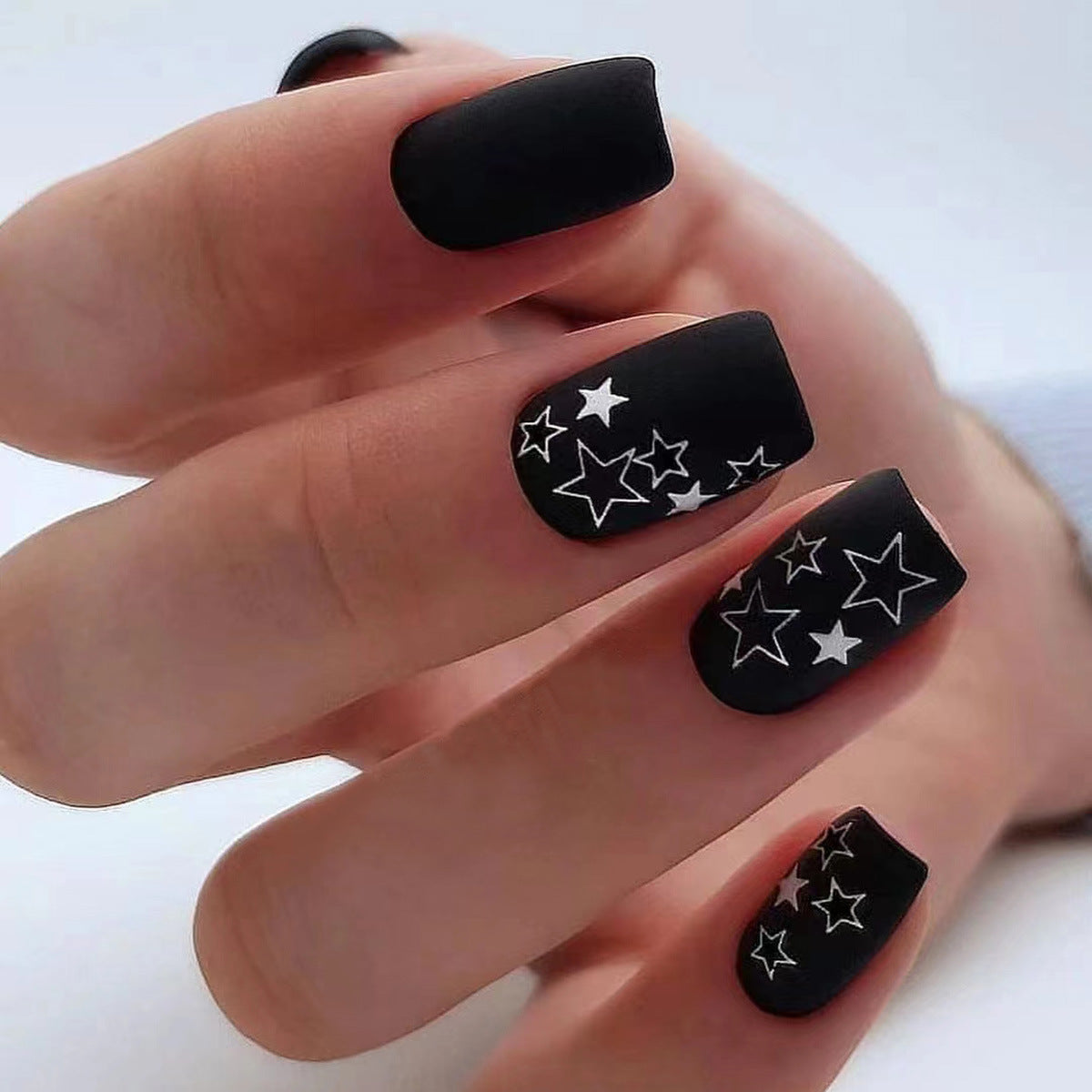 Cosmic Night Long Oval Matte Black Press On Nails with White Stars Design