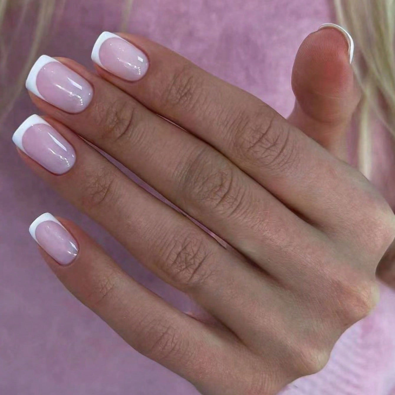 Elegant Bridal Collection Short Square Baby Pink Press On Nails with Glossy White Tips