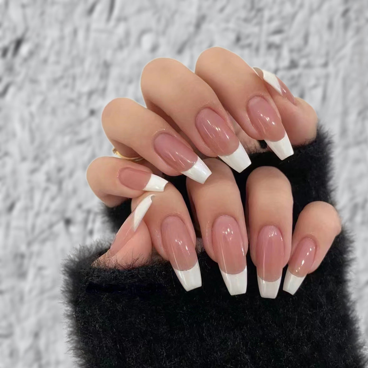 Elegant French Manicure Extra Long Coffin Press On Nails Set in Classic White and Beige with Glossy Finish