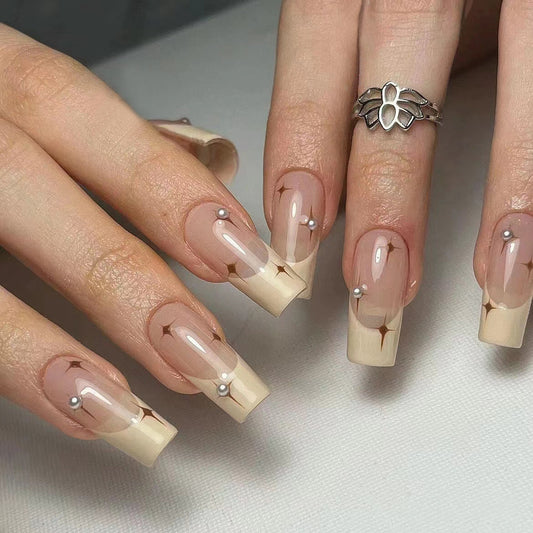 Elegant Bridal Collection Medium Square Beige Press On Nail Set with Pearl Accents