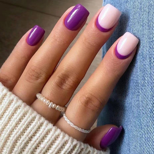 Elegant Lavender Dreams Medium Square Press On Nail Set, French Tip with Purple Accent - Stylish Manicure at Home