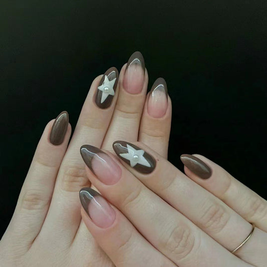 Starry Elegance Short Almond Brown Ombre Press On Nail Set with White Star Accents