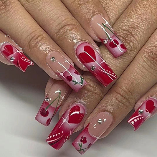 Floral Fantasy Long Square Shape Red Press On Nail Set with Rhinestone Accents and Transparent Details